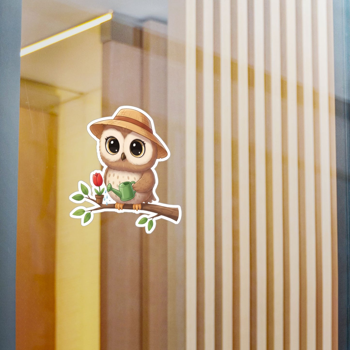 Cute Gardener Owl Decal - Whimsical Laptop Sticker, Water Bottle Decal, Car Decoration for Animal Lovers