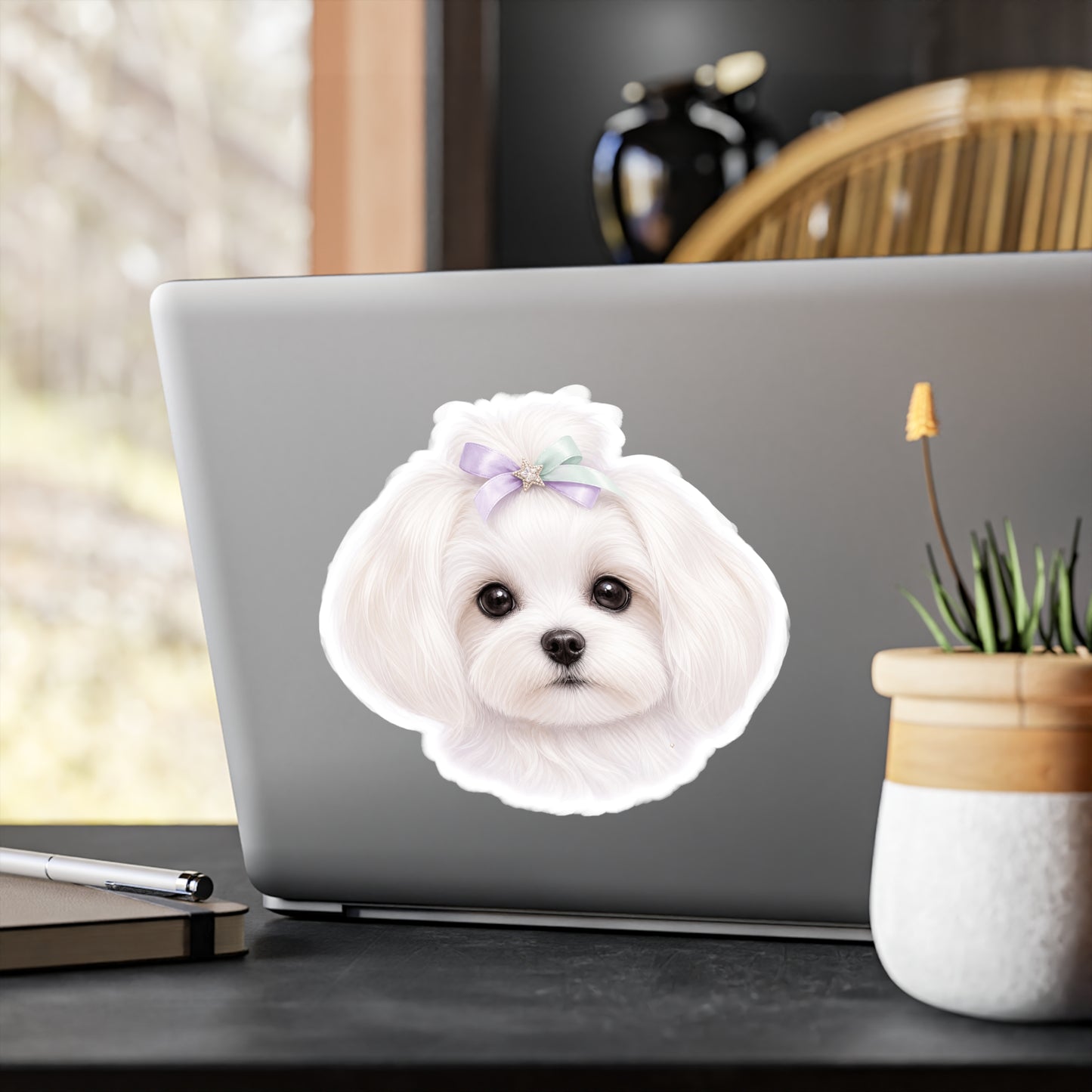 Maltese Dog Sticker - Lavender Bow Waterproof Dog Decal