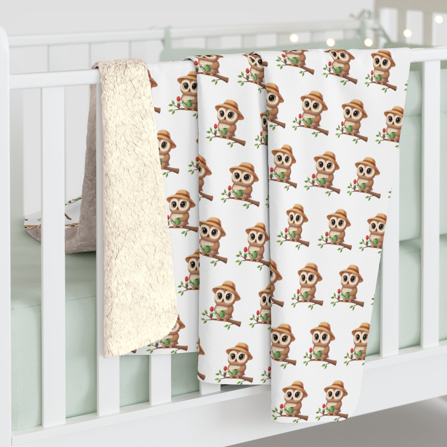 Sherpa Fleece Blanket, Gardener Owl Watering Can Design, Cozy Throw, Home Decor, Gift for Gardeners, Animal Lover Gift