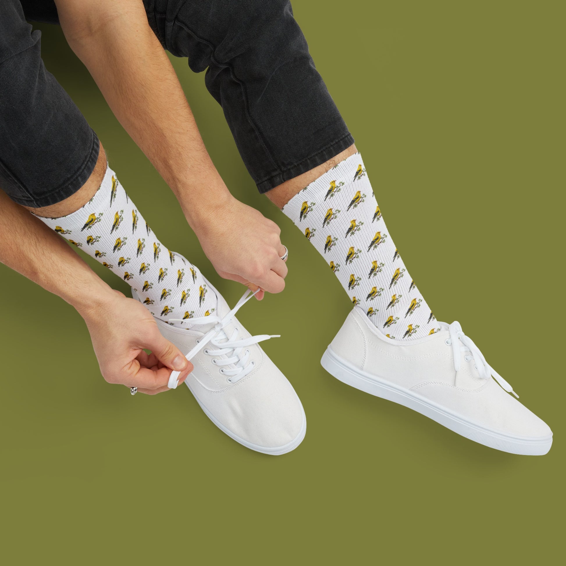 Person wearing white socks with bird pattern and white sneakers on a green background