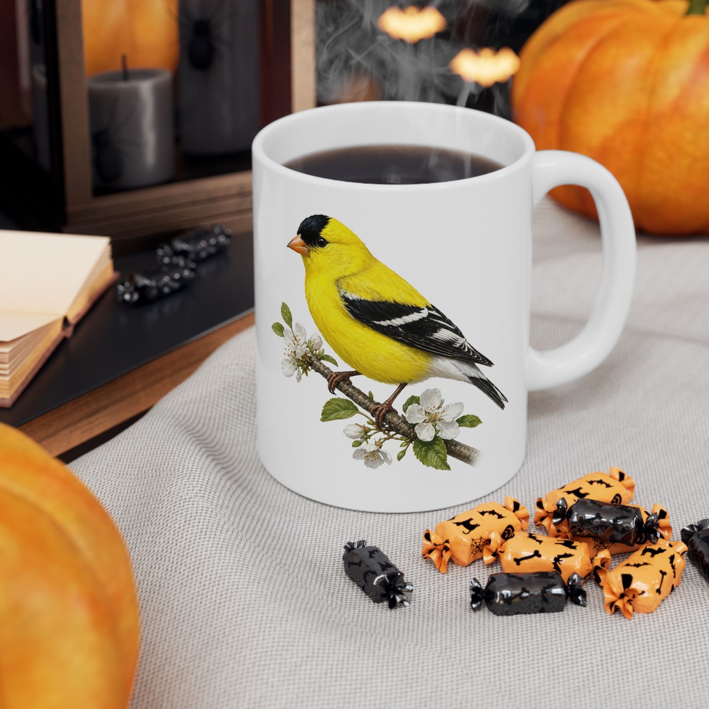 Yellow Goldfinch Illustration Mug | Bird Floral Ceramic Coffee Cup