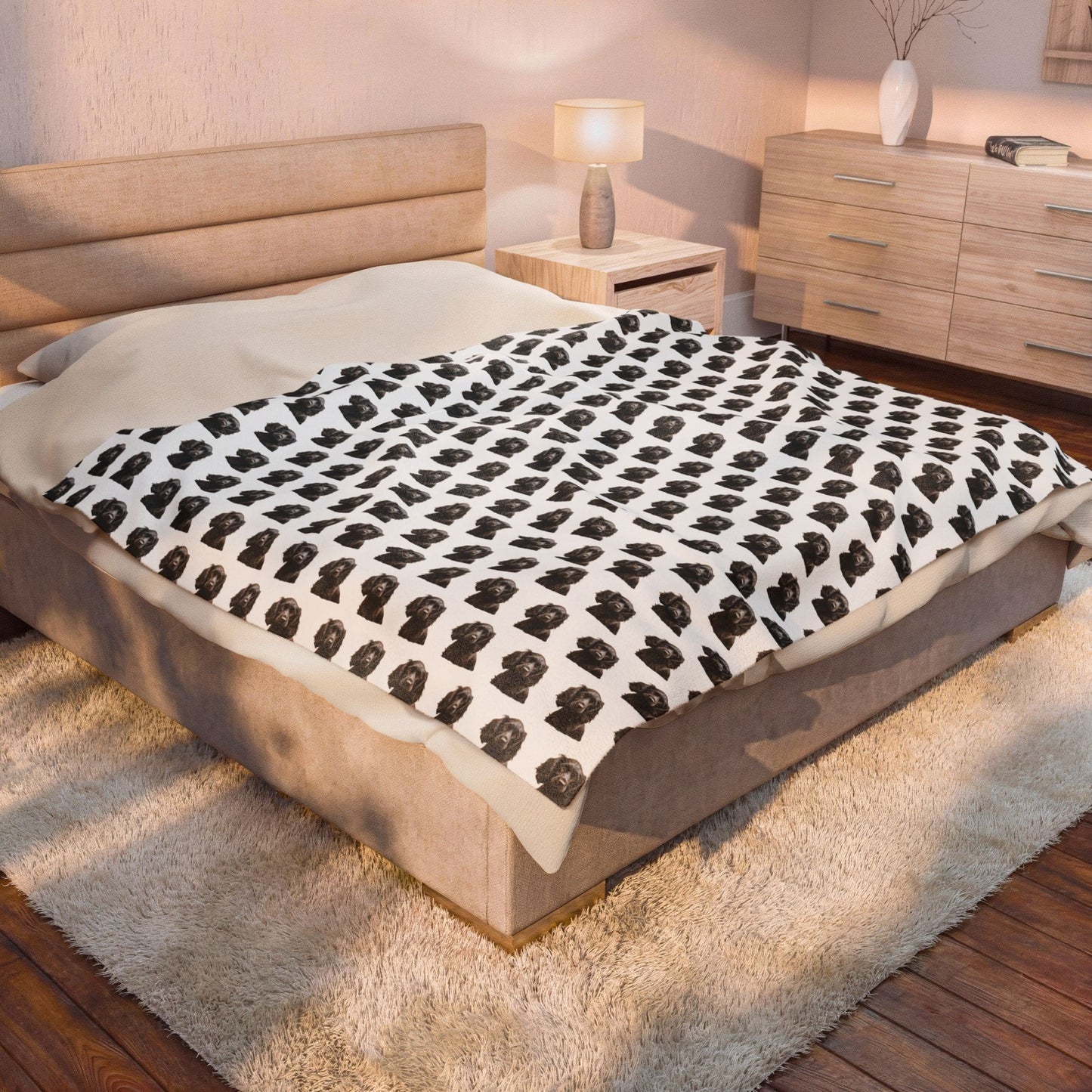 Black Cocker Spaniel Blanket (Velveteen Plush, White)