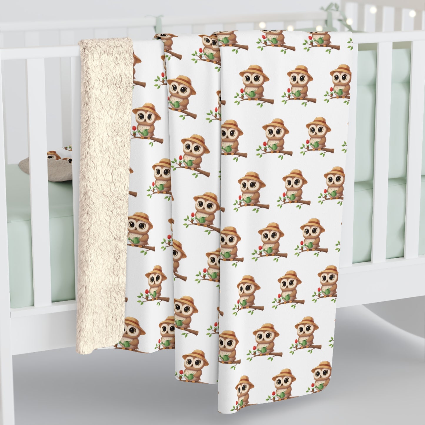 Sherpa Fleece Blanket, Gardener Owl Watering Can Design, Cozy Throw, Home Decor, Gift for Gardeners, Animal Lover Gift