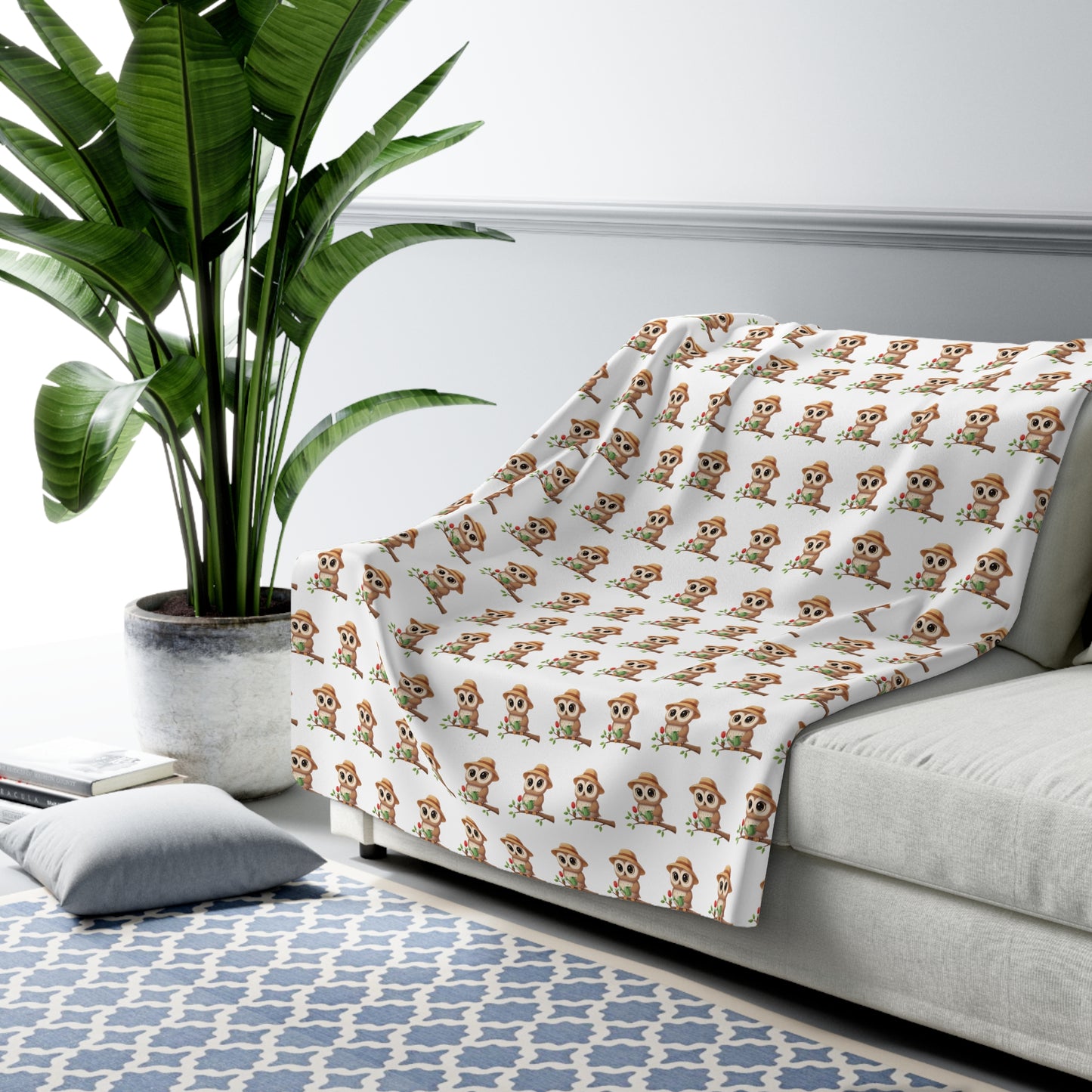 Sherpa Fleece Blanket, Gardener Owl Watering Can Design, Cozy Throw, Home Decor, Gift for Gardeners, Animal Lover Gift