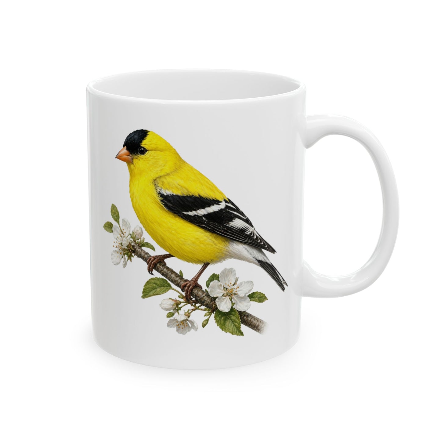 Yellow Goldfinch Illustration Mug | Bird Floral Ceramic Coffee Cup
