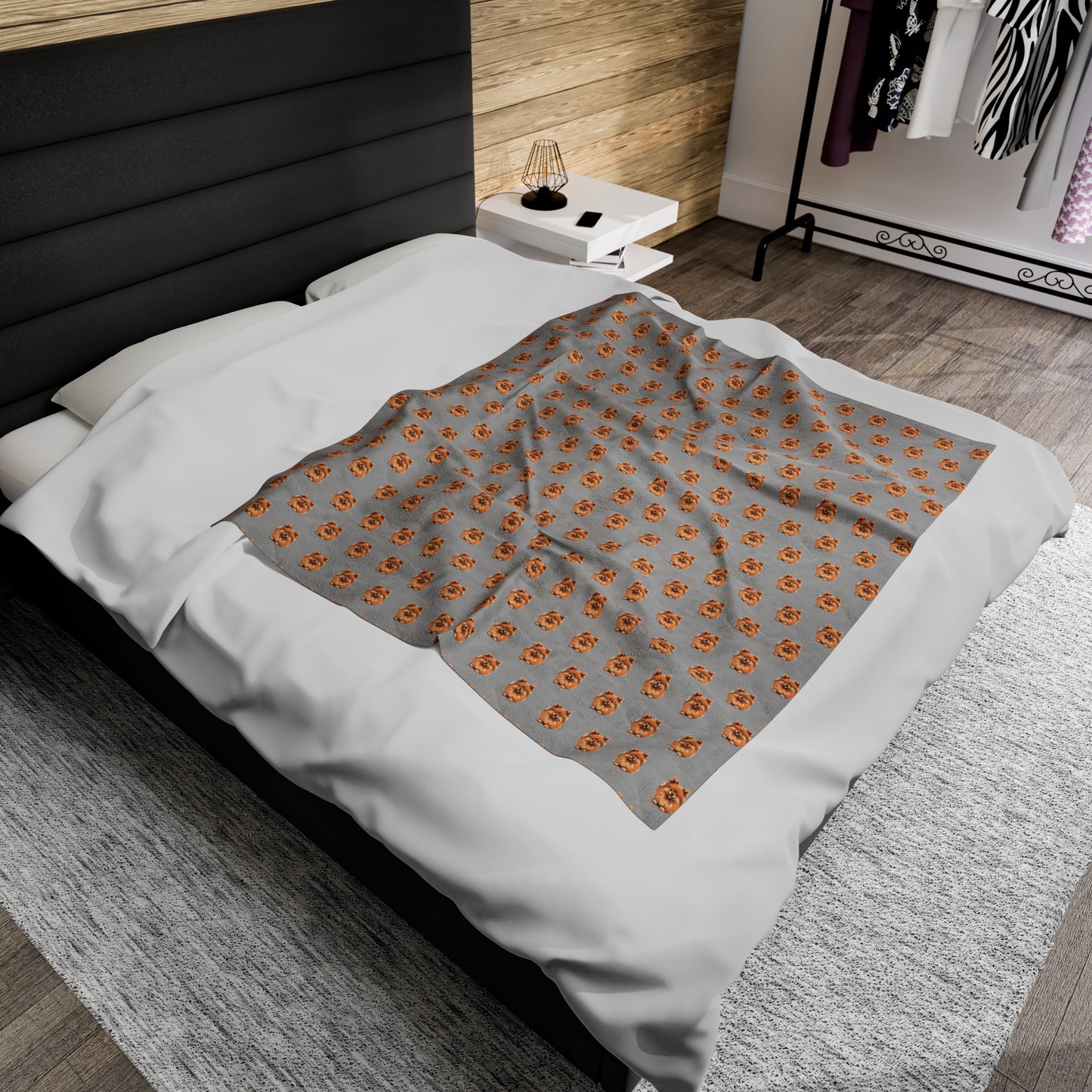 Pomeranian Velveteen Plush Blanket (Grey)