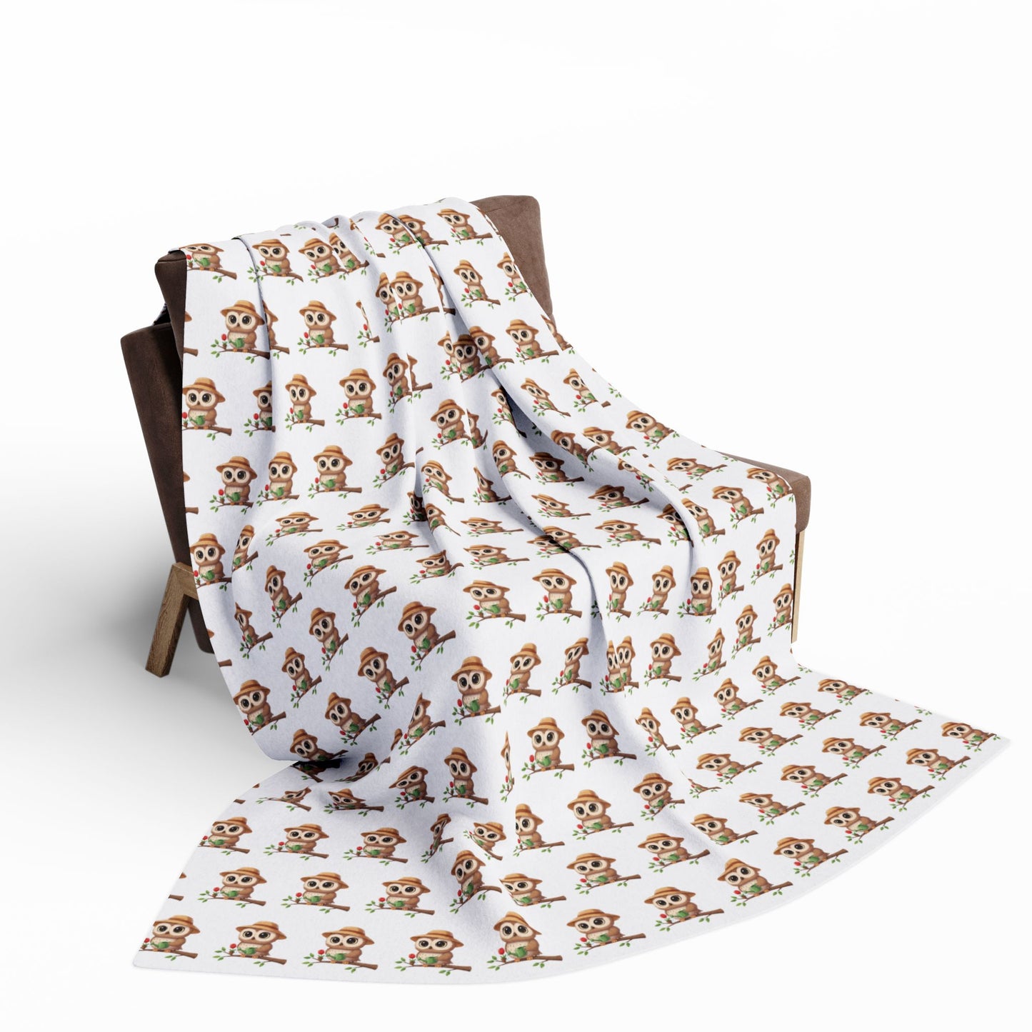 Fleece Blanket, Gardener Owl holding watering can design, Cozy Winter Decor, Arctic Theme Throw, Unique Birthday Gift, Holiday Home Accent