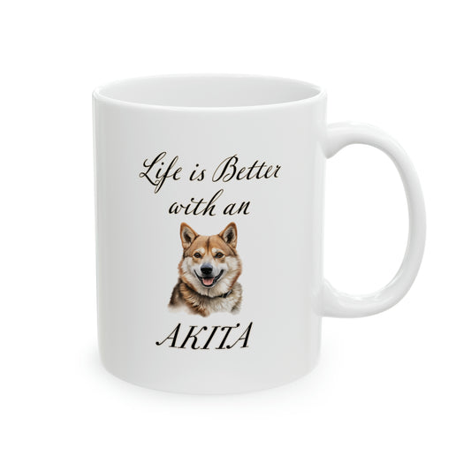 white ceramic mug with "Life is Better with an Akita" and an image of an Akita on it