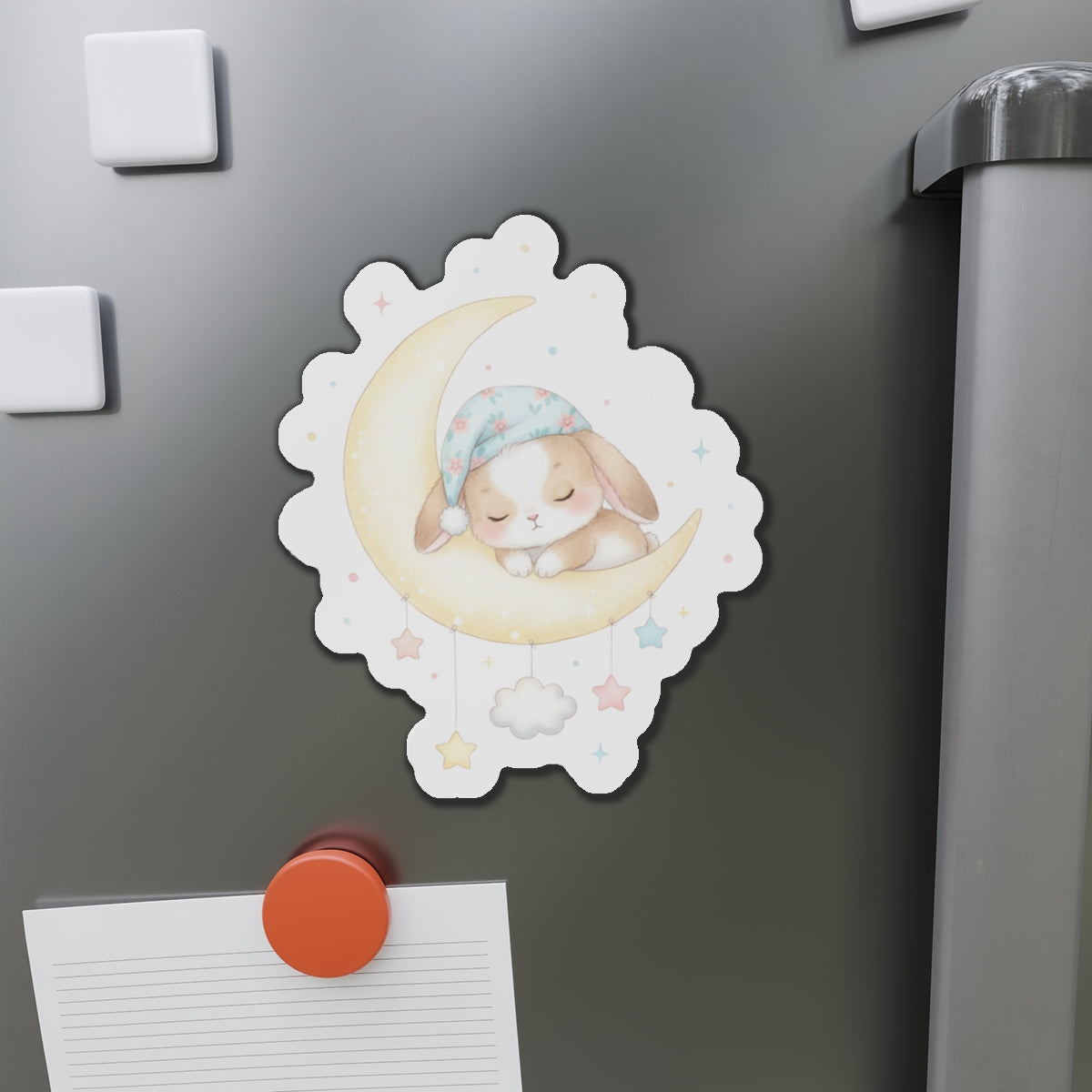 Die-Cut Magnets - Bunny Asleep on Moon, Cute Rabbit Fridge Magnet, Whimsical Animal Kitchen Decor, Lunar Theme Gift, Adorable Night Sky