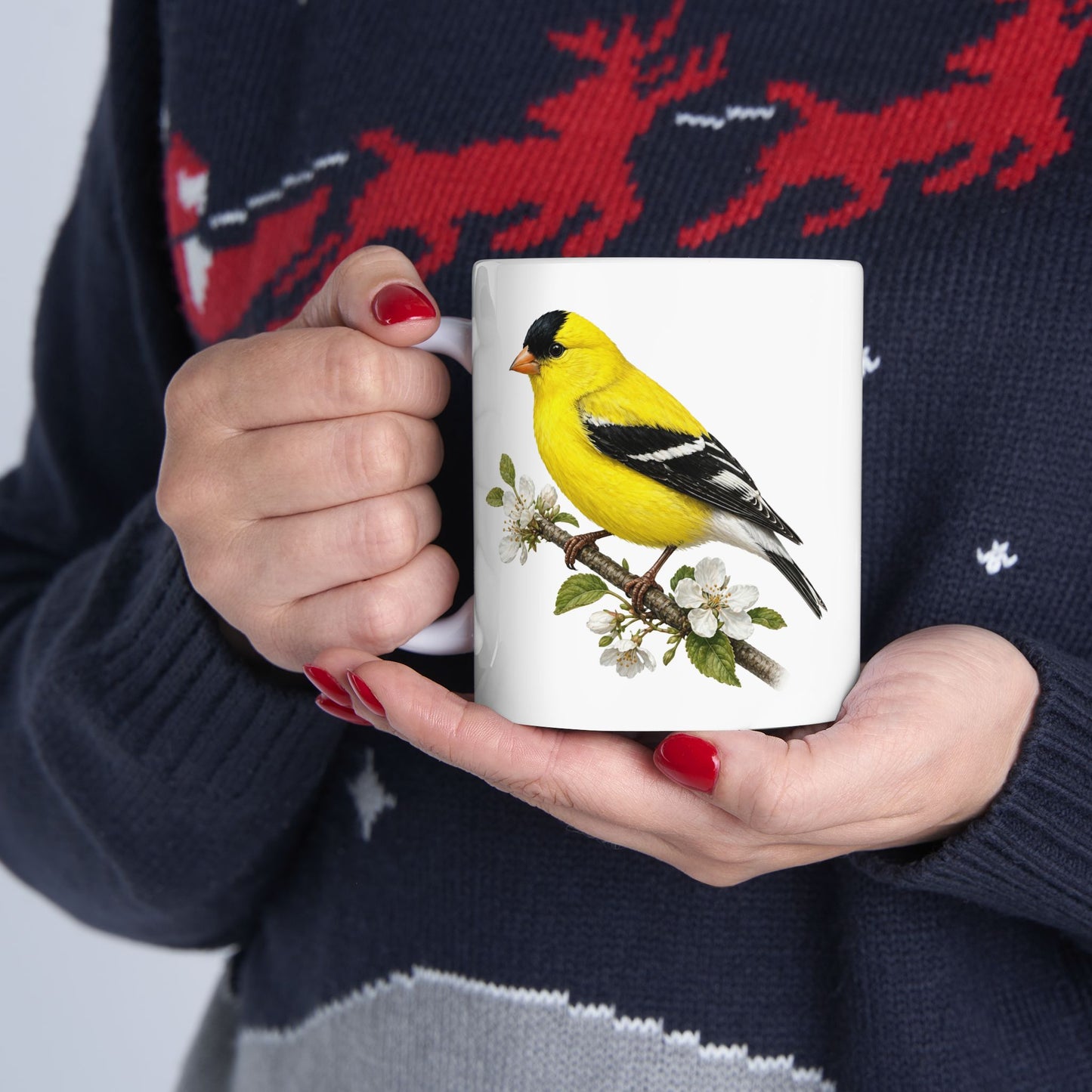 Yellow Goldfinch Illustration Mug | Bird Floral Ceramic Coffee Cup