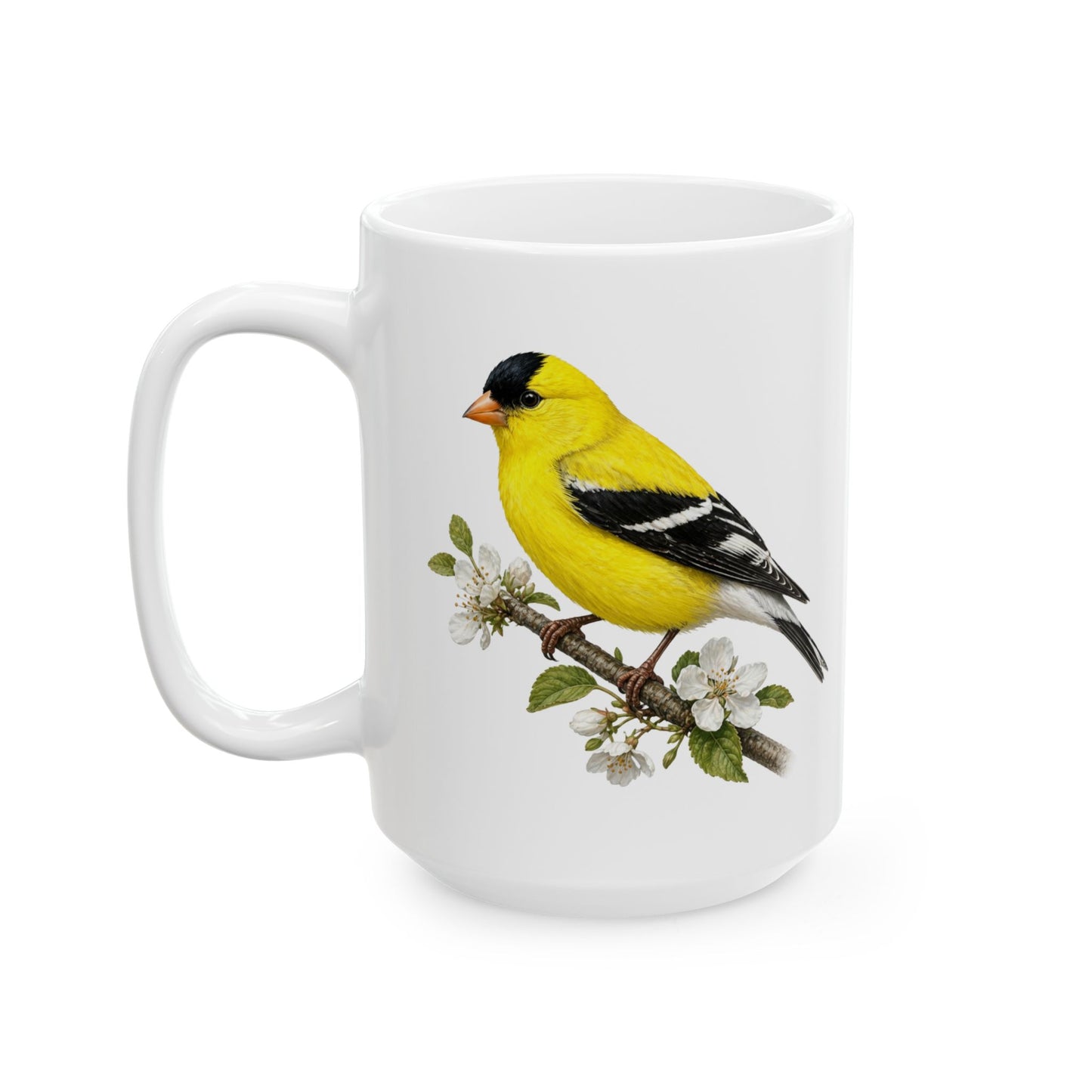 Yellow Goldfinch Illustration Mug | Bird Floral Ceramic Coffee Cup