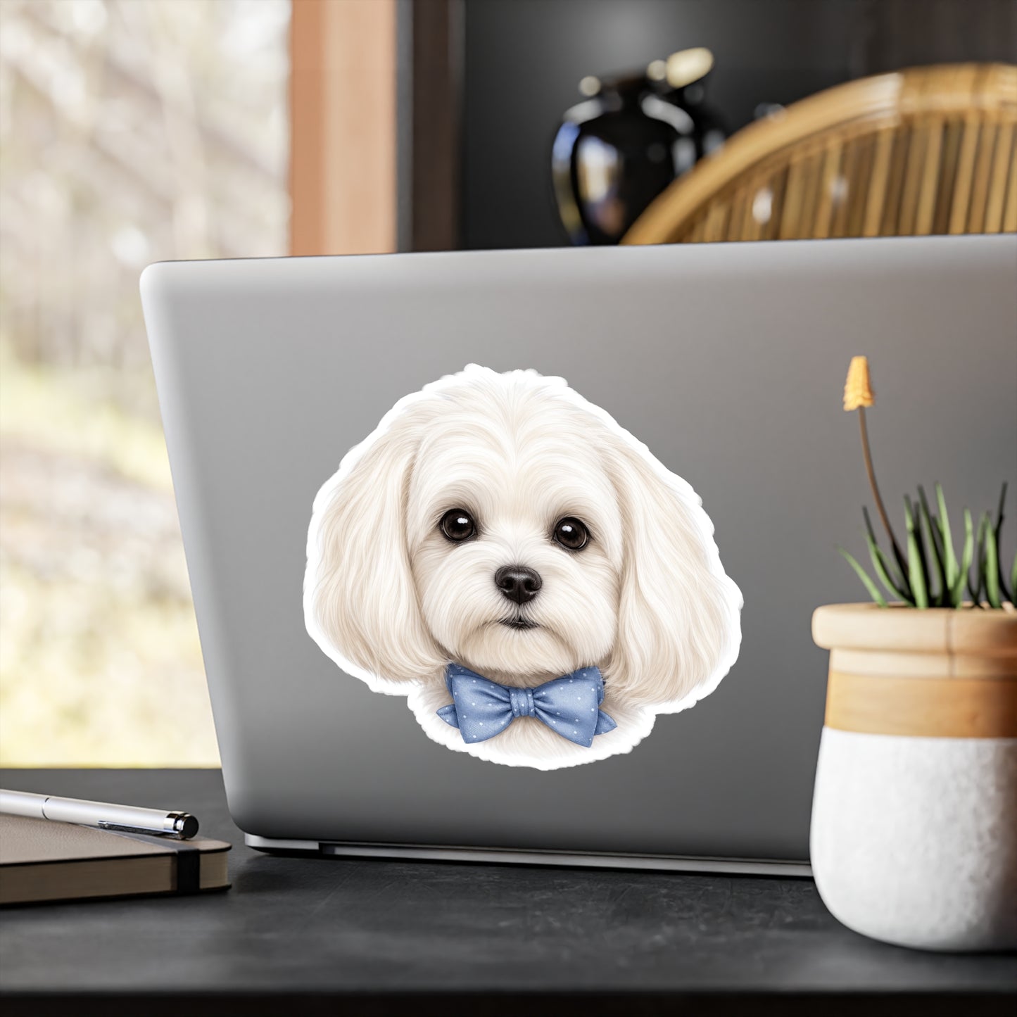 Maltese Dog Sticker - Blue Bowtie Waterproof Dog Decal
