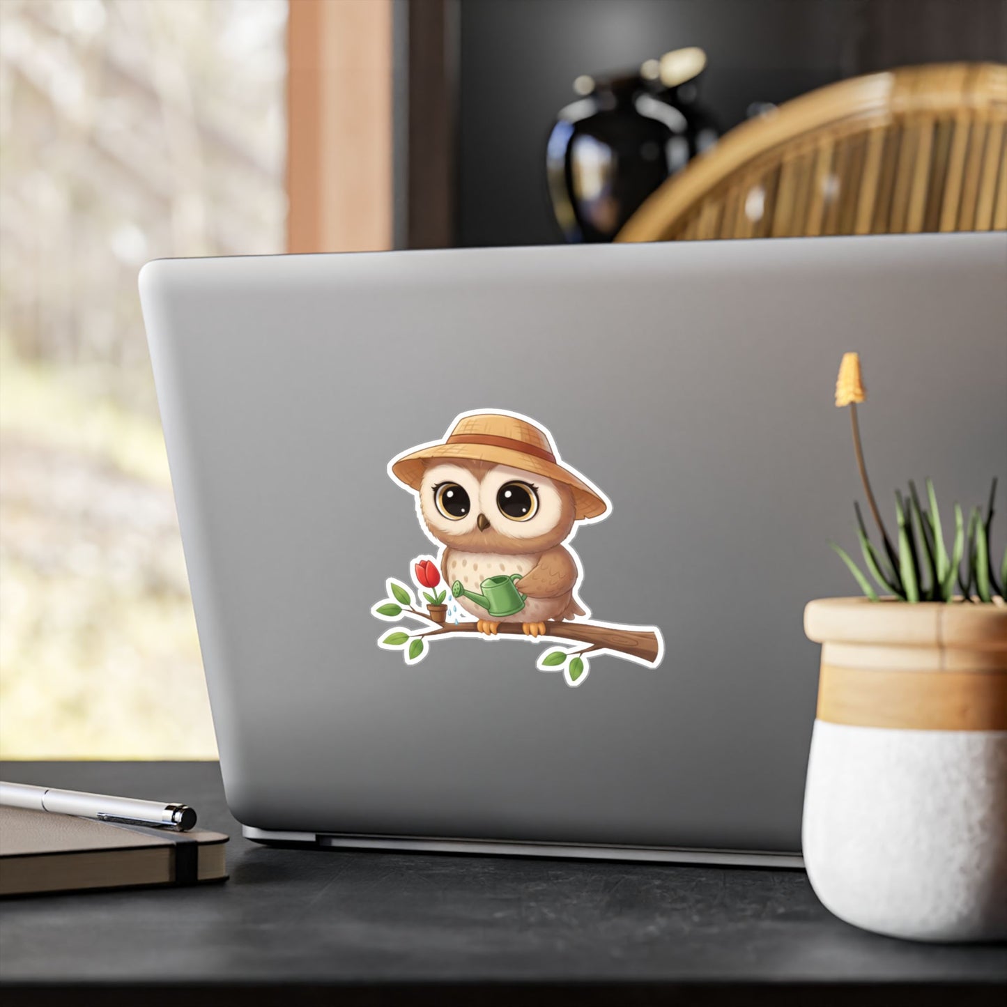 Cute Gardener Owl Decal - Whimsical Laptop Sticker, Water Bottle Decal, Car Decoration for Animal Lovers