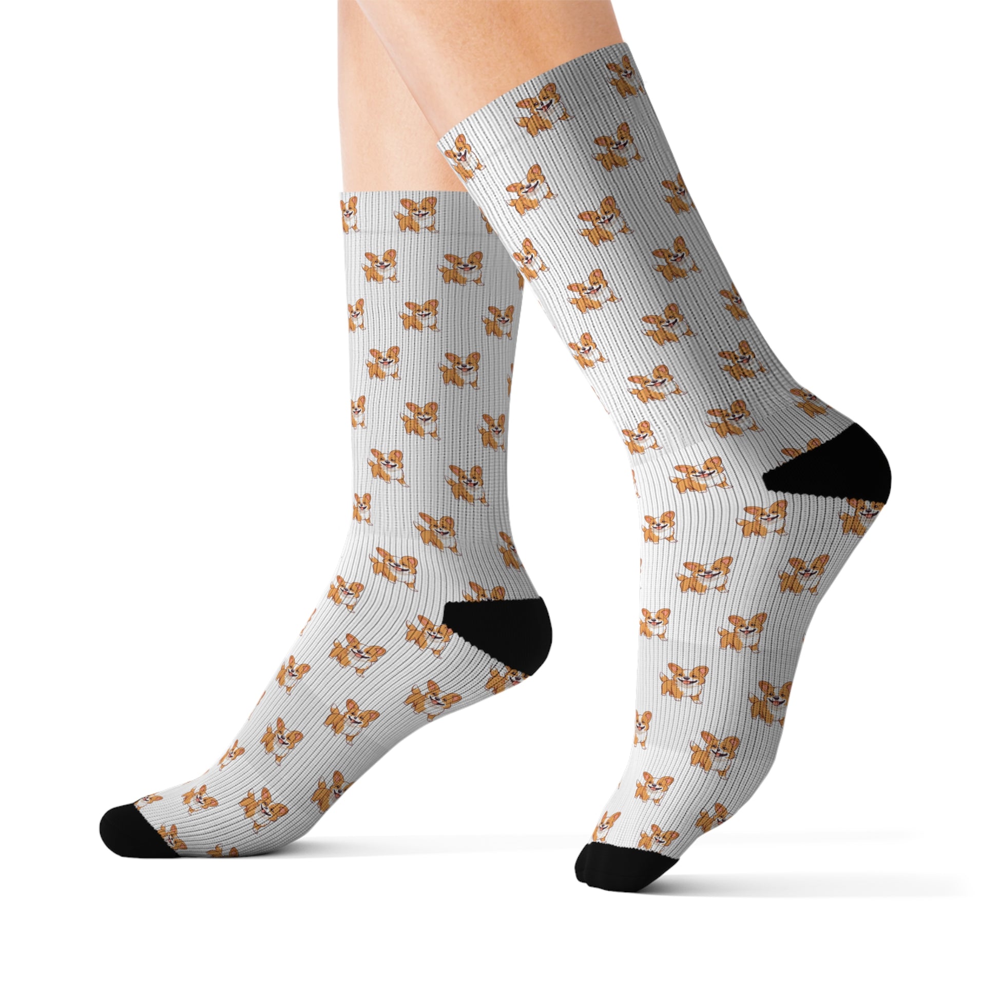 A pair of socks with a repeated pattern of an adorable corgi on a white background.
