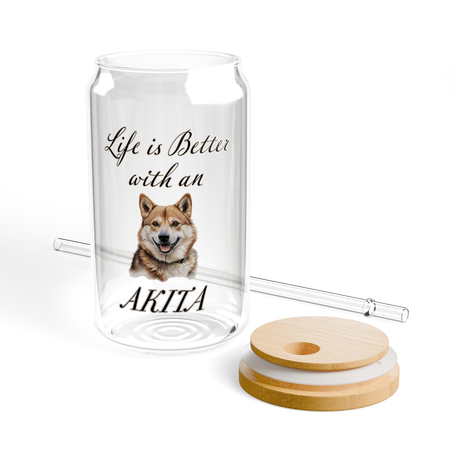 akita glass tumbler, with lid and straw