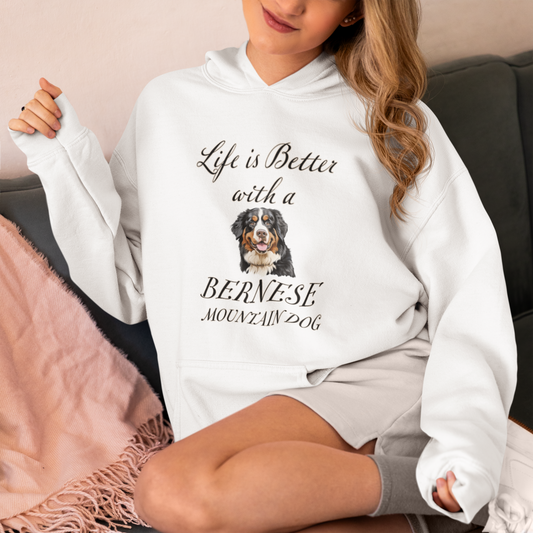 Model wearing a Life is Better with a Bernese Mountain Dog hoodie