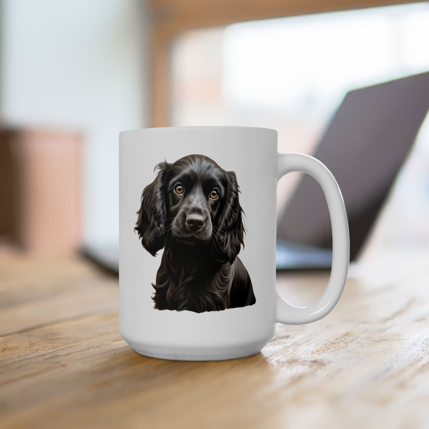 Black Cocker Spaniel 15 oz ceramic mug, product mockup 3