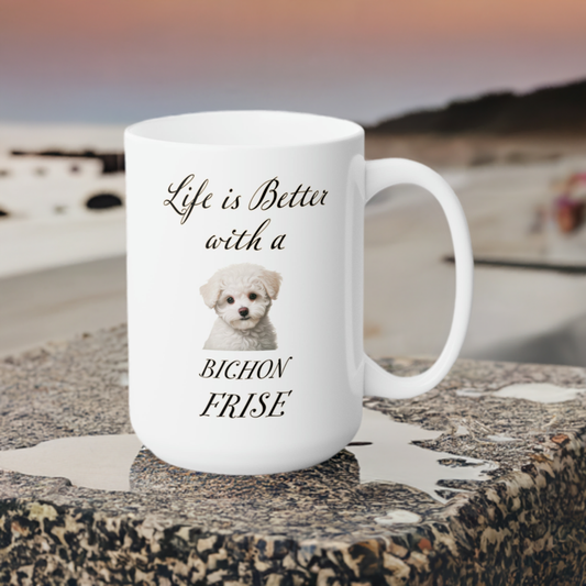 Life is Better with a Bichon Frise mug on a rock