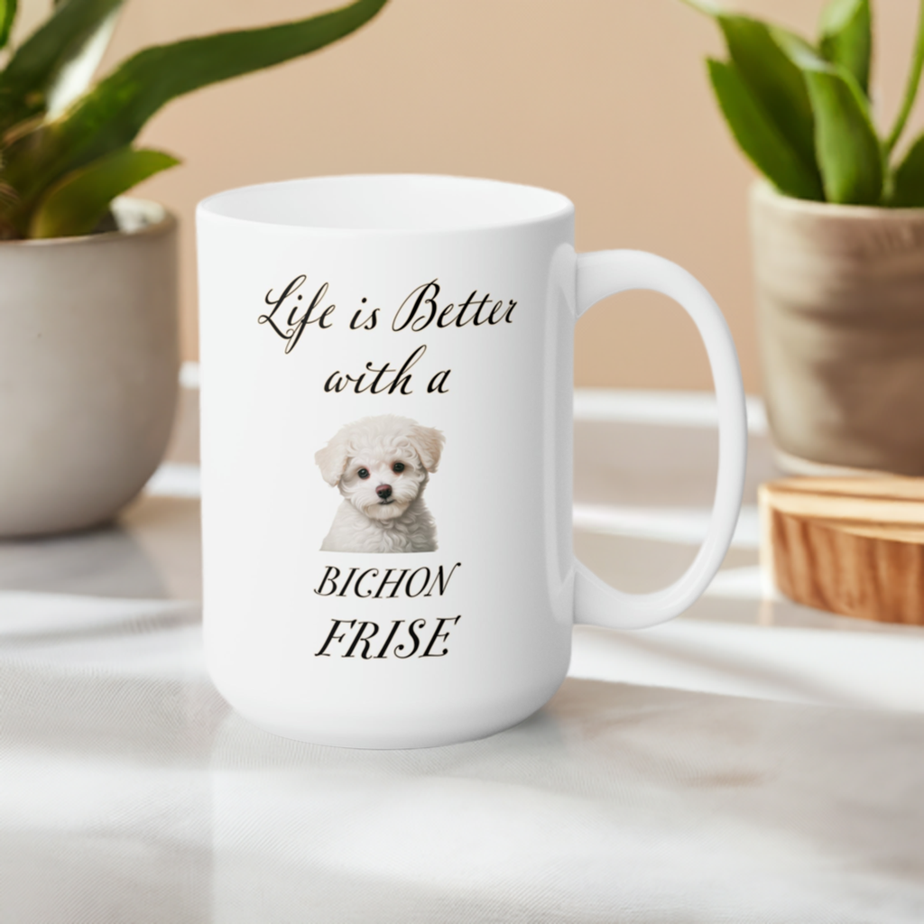 Life is Better with a Bichon Frise Mug on a white marble counter
