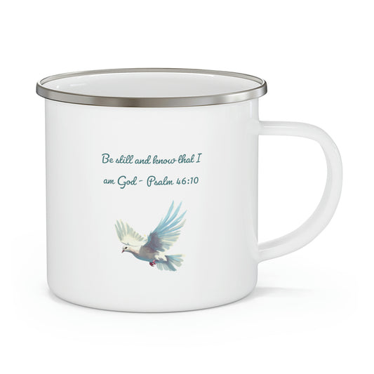 Be Still and Know that I am God camping mug with dove image