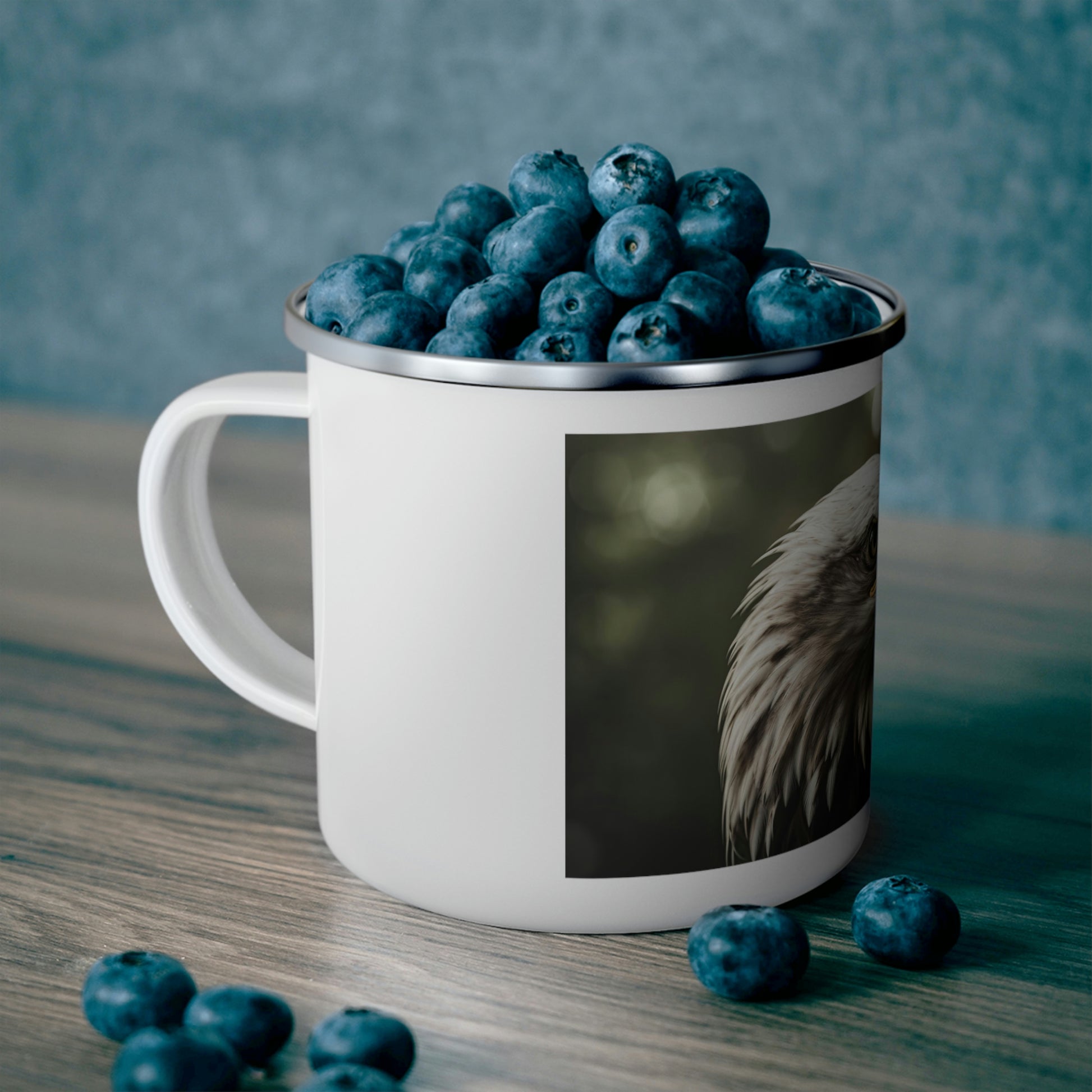 American Eagle Camping Mug filled with blueberries