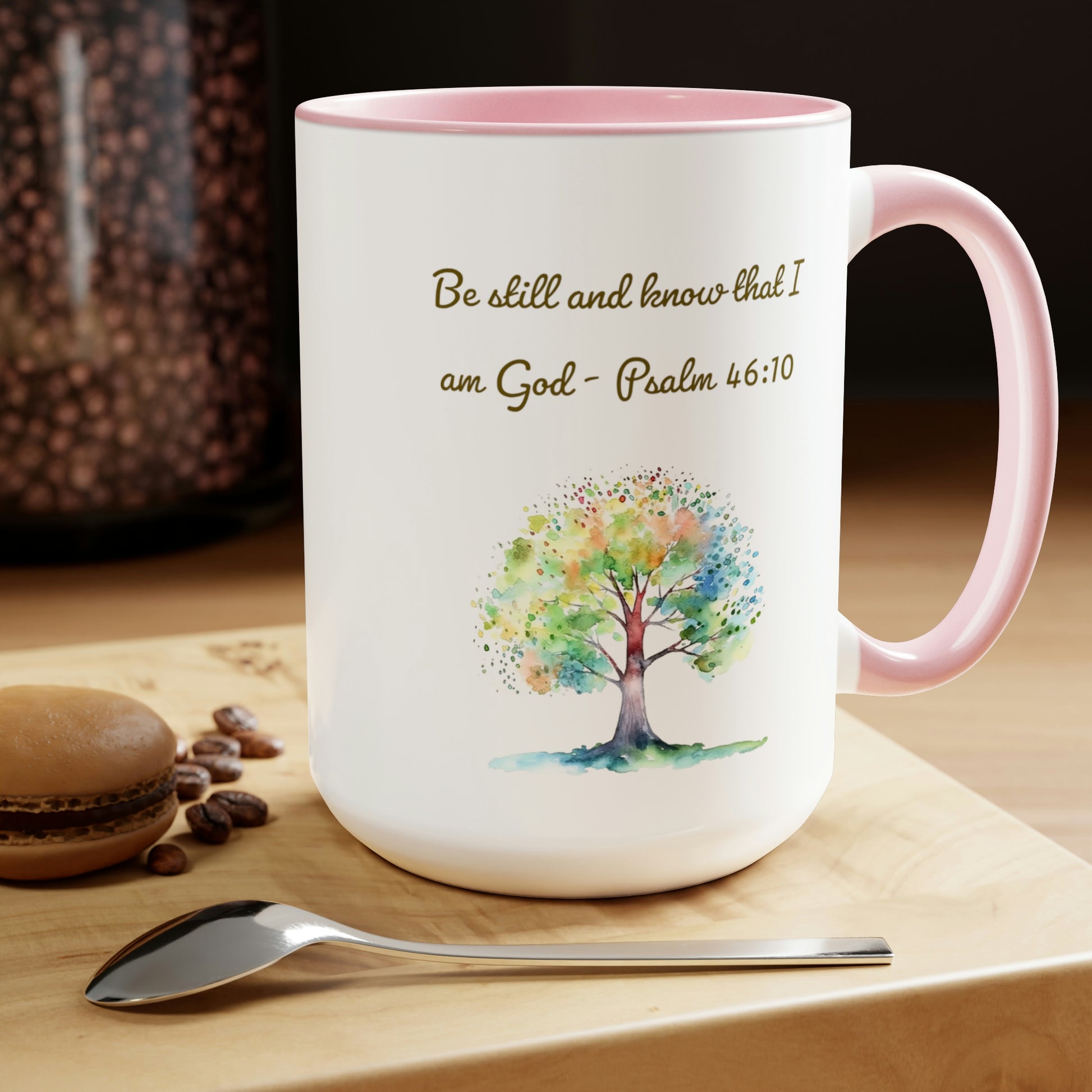 pink and white coffee mug