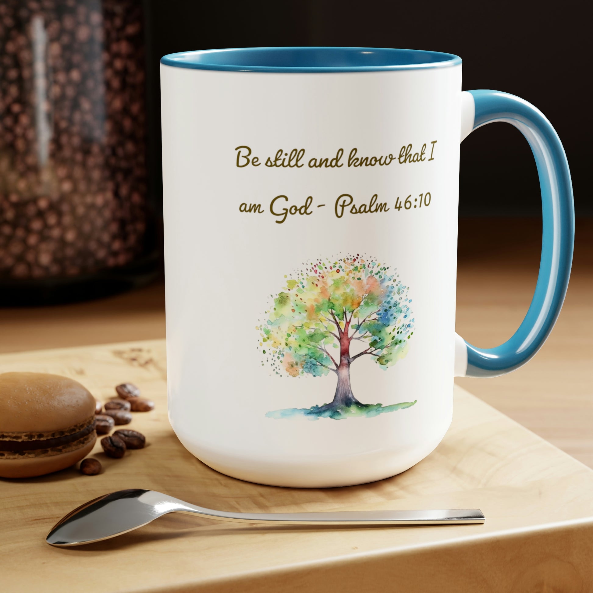 white and blue two tone Psalm tea mug