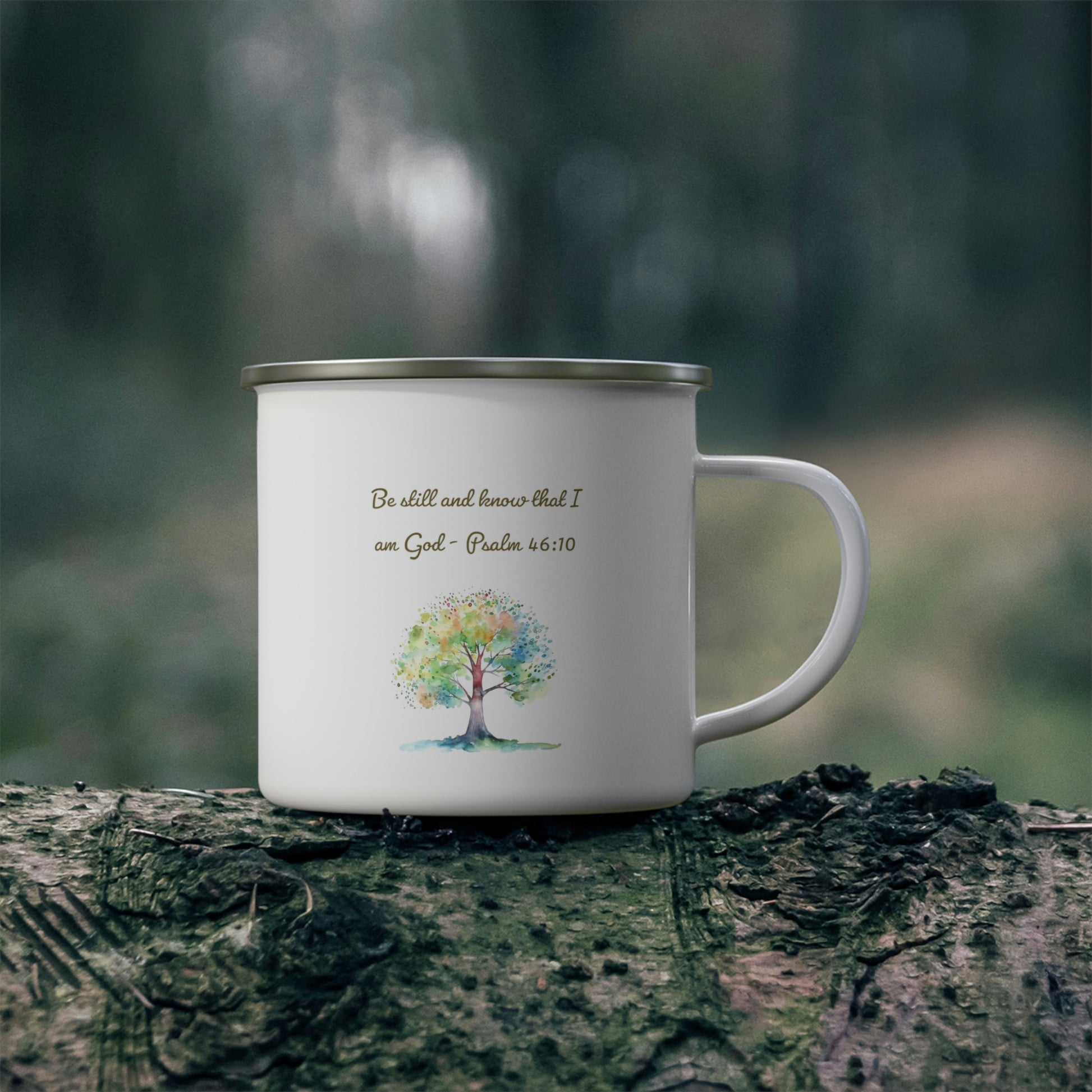 camping mug on log