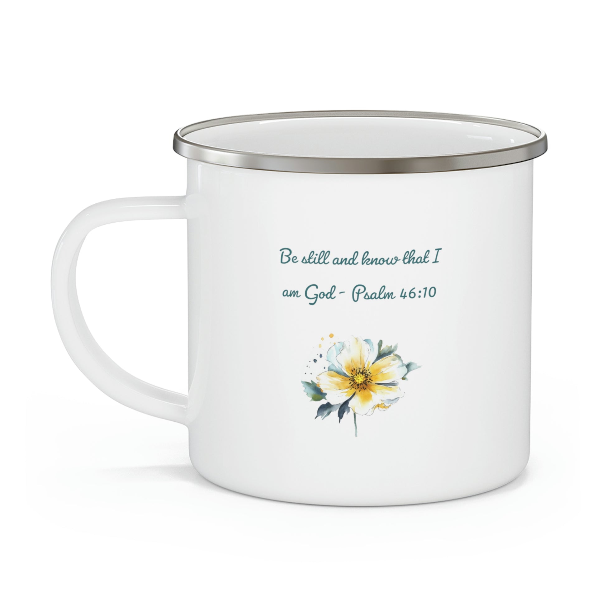 enamel camping mug with "Be Still and Know"