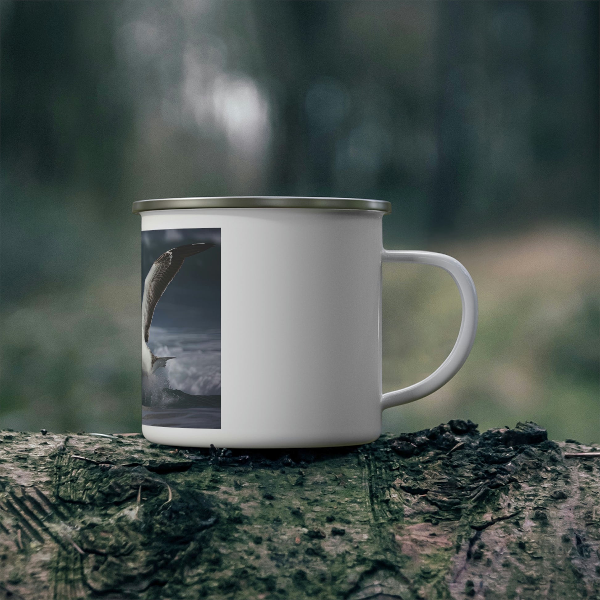 albatross camping mug on a log